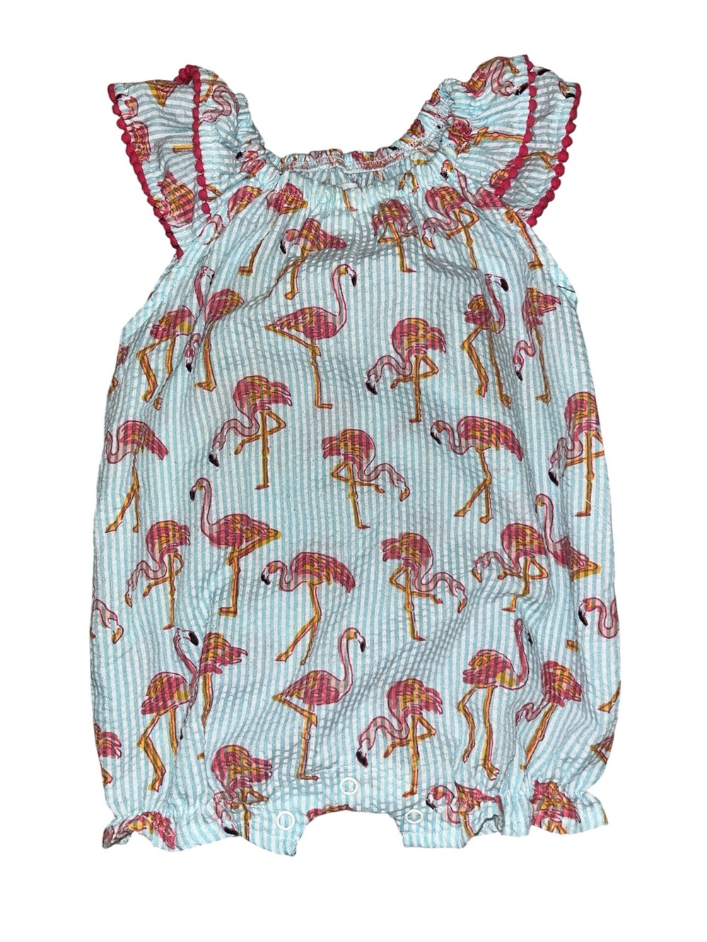 MUD PIE seersucker flamingo stripes pom pom cap sleeve romper size 9-12 month